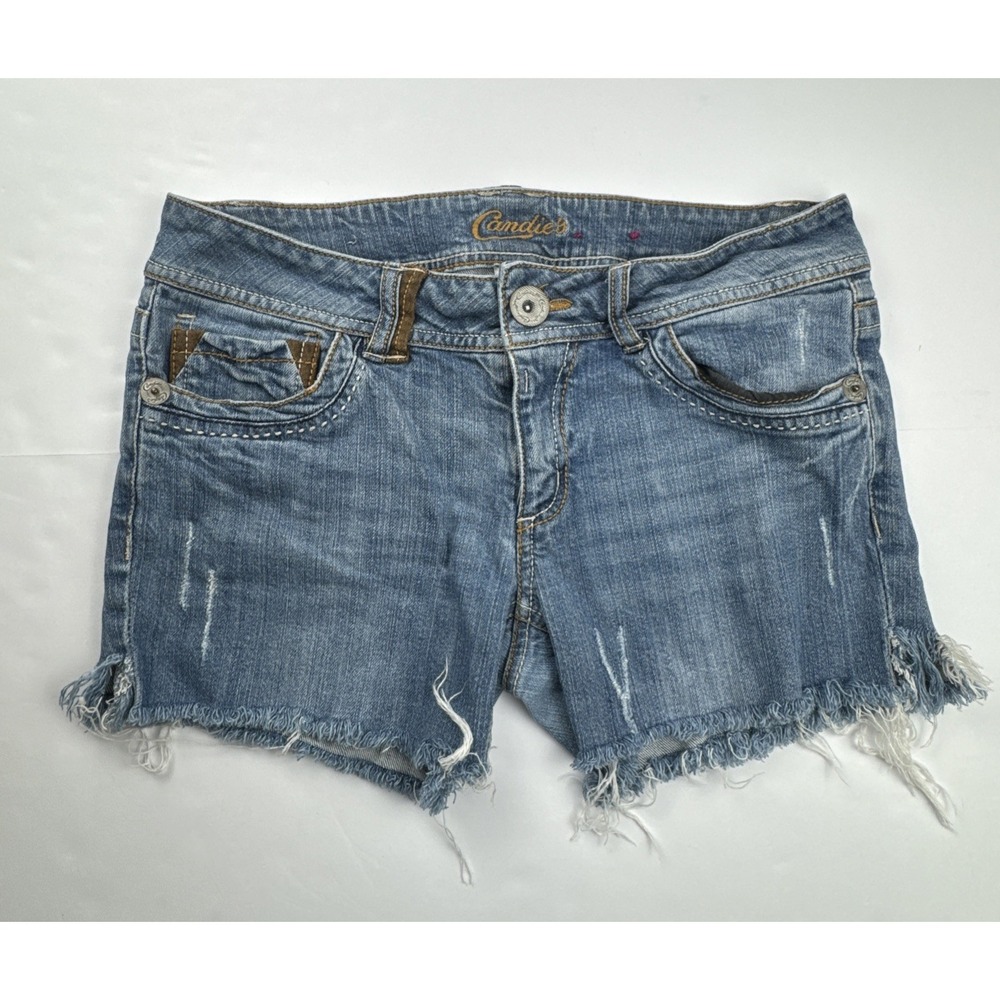 Candies Denim Shorts Distressed Low Rise Frayed Raw Hem Size 9 Blue